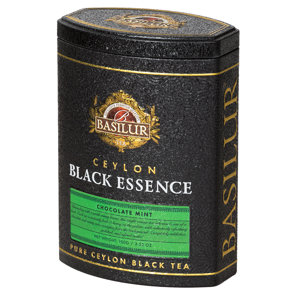 Puszka herbaty Basilur Black Essence Chocolate Mint widoczna z boku, herbata premium z Cejlonu.