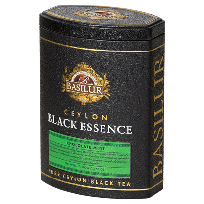 Puszka herbaty Basilur Black Essence Chocolate Mint widoczna z boku, herbata premium z Cejlonu.