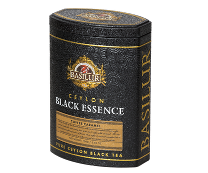 Herbata Basilur Black Essence Coffee Caramel widoczna z prawej strony, puszka z tłoczeniami i złotymi detalami.