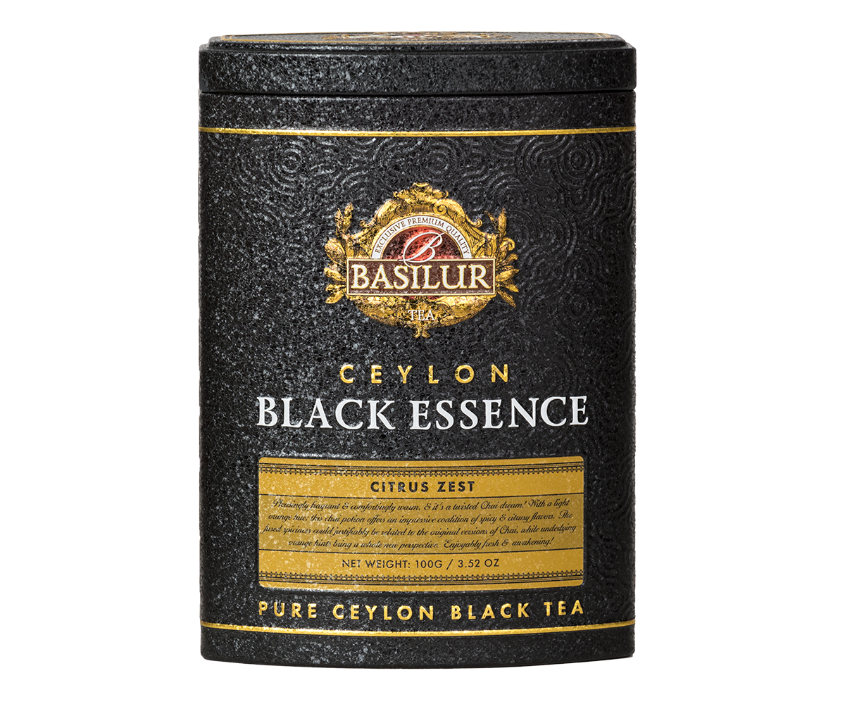 Czarna herbata Basilur Black Essence Citrus Zest w puszce z przodu, ekskluzywny design.