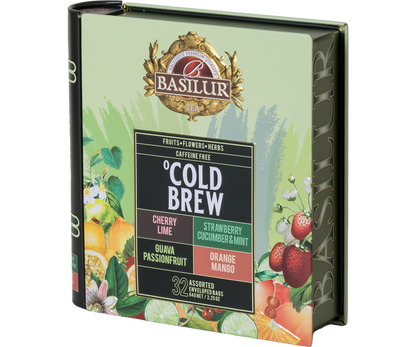 Pudełko herbat Basilur Cold Brew widok z boku z nadrukiem smaków Cherry Lime, Orange Mango, Guava Passionfruit i Strawberry Cucumber & Mint.