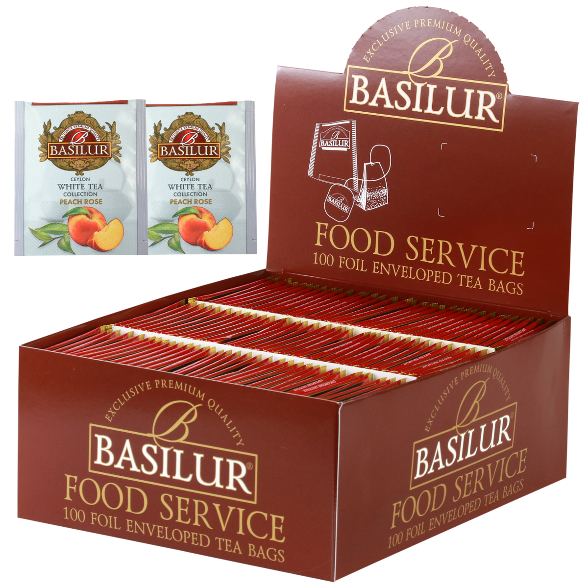 Herbata Basilur Peach Rose 100 x 1,5 g w opakowaniu Food Service, biała herbata z brzoskwinią i różą.