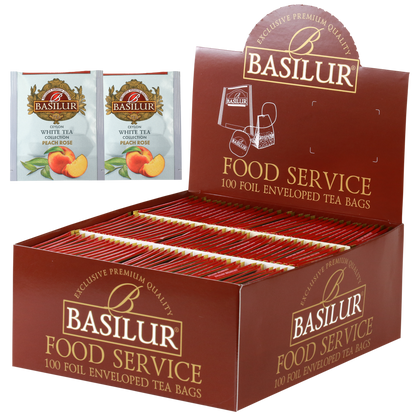 Herbata Basilur Peach Rose 100 x 1,5 g w opakowaniu Food Service, biała herbata z brzoskwinią i różą.