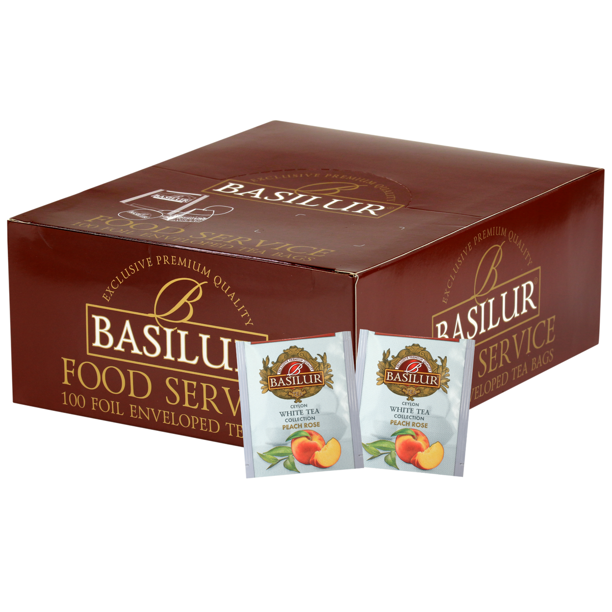 Zestaw Basilur Peach Rose – 100 torebek białej herbaty cejlońskiej o smaku brzoskwini i płatków róży.