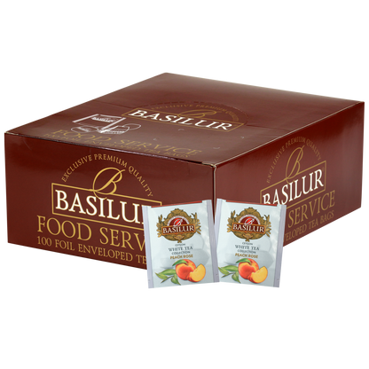 Zestaw Basilur Peach Rose – 100 torebek białej herbaty cejlońskiej o smaku brzoskwini i płatków róży.
