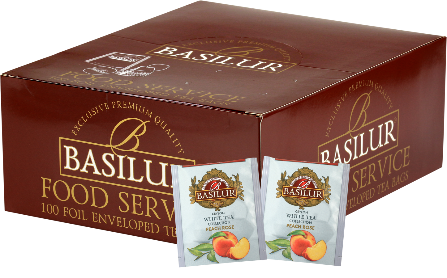 Zestaw Basilur Peach Rose – 100 torebek białej herbaty cejlońskiej o smaku brzoskwini i płatków róży.