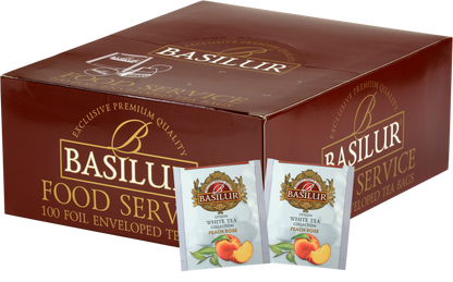 Zestaw Basilur Peach Rose – 100 torebek białej herbaty cejlońskiej o smaku brzoskwini i płatków róży.