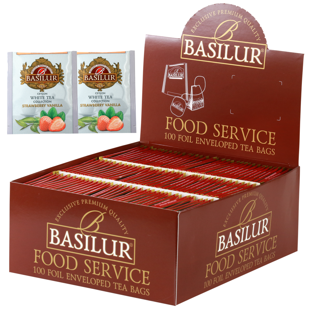 Herbata Basilur Strawberry Vanilla 100 x 1,5 g w opakowaniu Food Service, biała herbata z truskawką i wanilią.