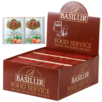 Herbata Basilur Strawberry Vanilla 100 x 1,5 g w opakowaniu Food Service, biała herbata z truskawką i wanilią.