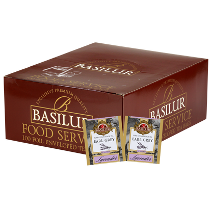 Zestaw Basilur Lavender – 100 torebek herbaty Earl Grey z nutą kwiatową i delikatnym aromatem lawendy.