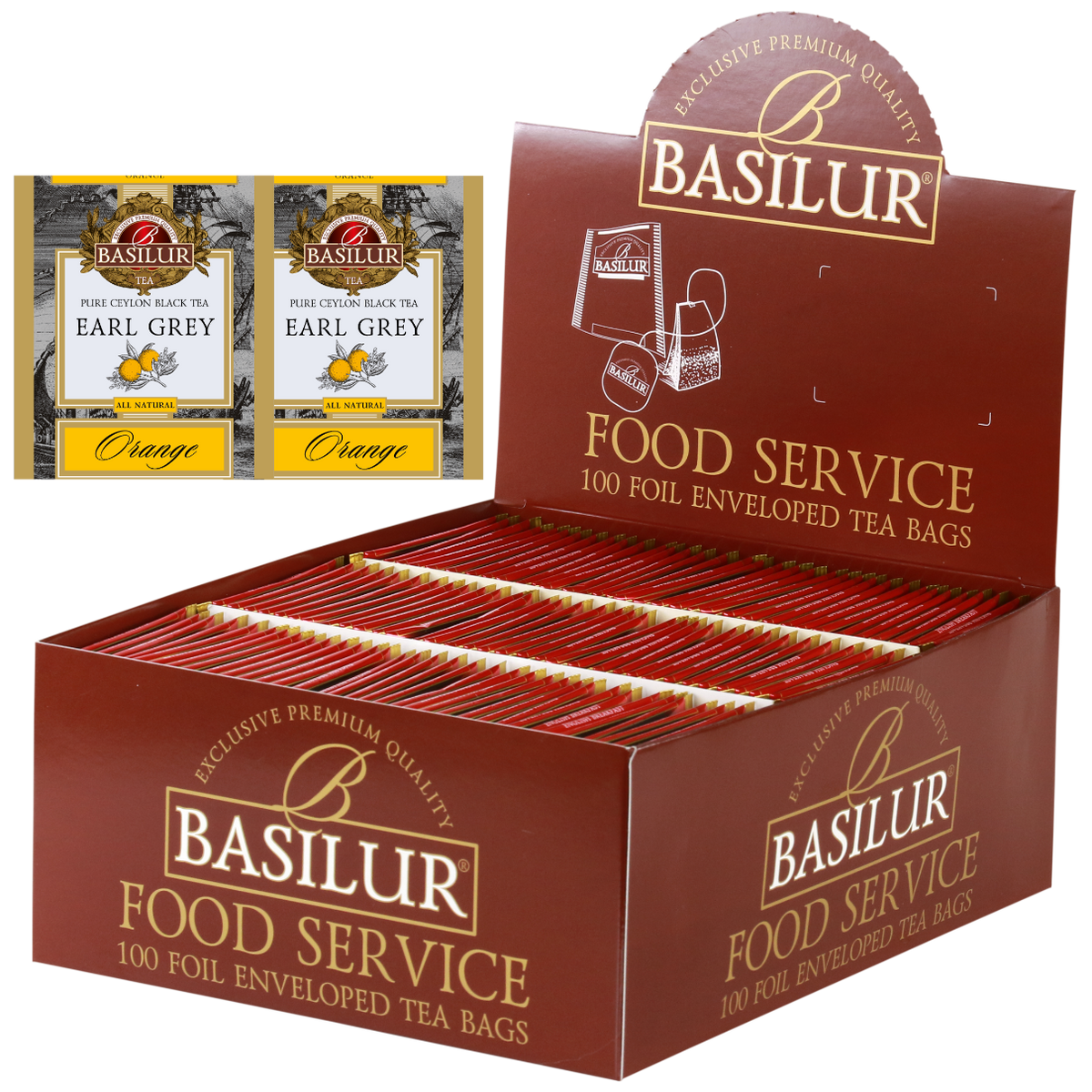 Herbata Basilur Earl Grey Orange w opakowaniu Food Service 100 torebek – czarna herbata cejlońska z nutą pomarańczy.