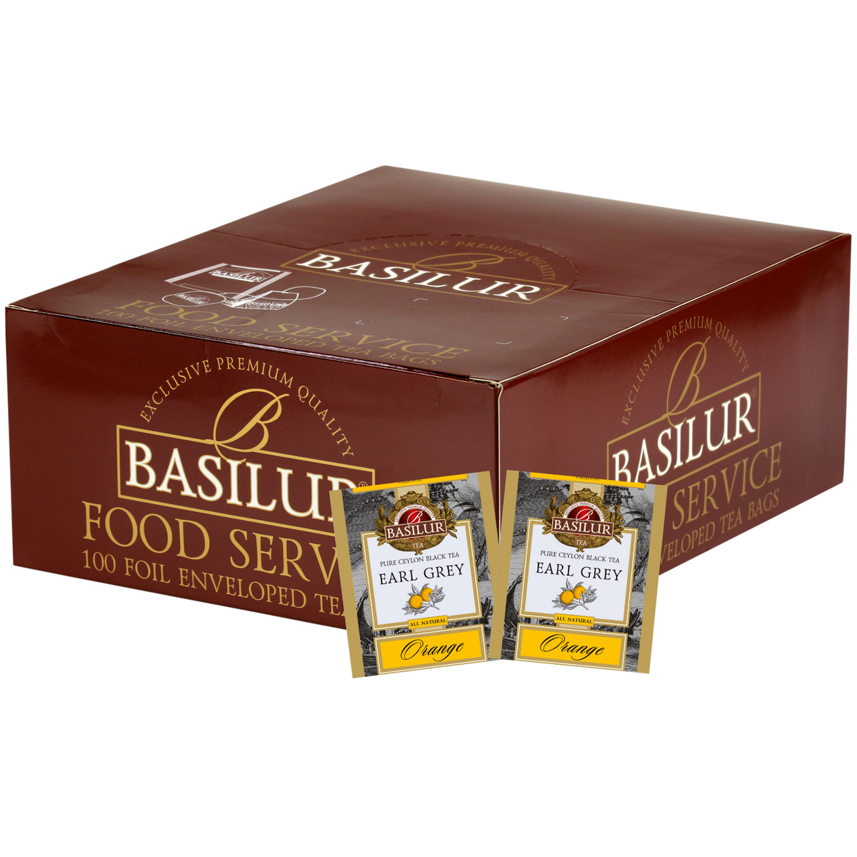 Zestaw Basilur Earl Grey Orange 100 x 2 g – aromatyczna czarna herbata z bergamotką i pomarańczą w eleganckim kartonowym pudełku.