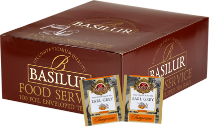 Zestaw Basilur Earl Grey Tangerine 100 x 2 g – aromatyczna czarna herbata z nutą mandarynki w eleganckim kartonowym pudełku.