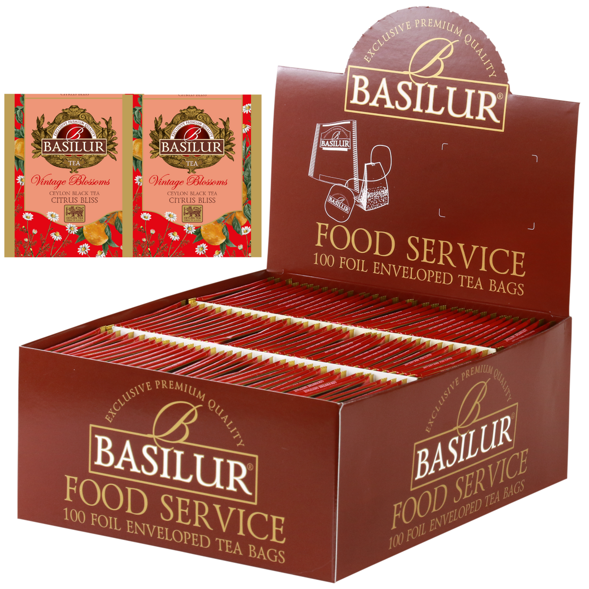 Herbata Basilur Citrus Bliss w opakowaniu Food Service 100 torebek – czarna herbata cejlońska z aromatem cytrusów.