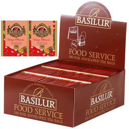 Herbata Basilur Citrus Bliss w opakowaniu Food Service 100 torebek – czarna herbata cejlońska z aromatem cytrusów.