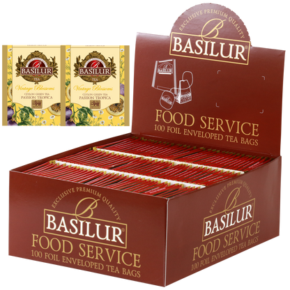 Herbata Basilur Passion Tropica w opakowaniu Food Service 100 torebek – zielona herbata cejlońska z aromatem marakui.