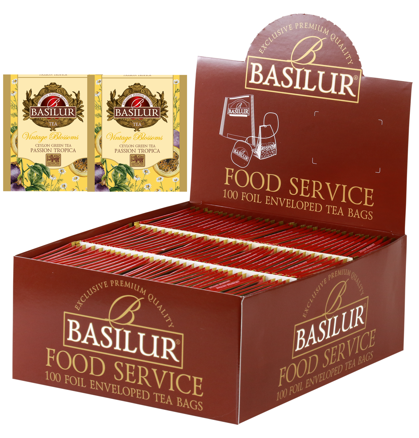 Herbata Basilur Passion Tropica w opakowaniu Food Service 100 torebek – zielona herbata cejlońska z aromatem marakui.