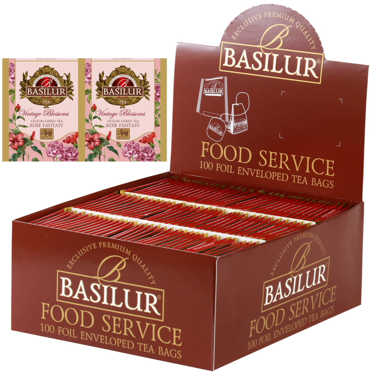 Herbata Basilur Rose Fantasy w opakowaniu Food Service 100 torebek – zielona herbata cejlońska z aromatem róży.