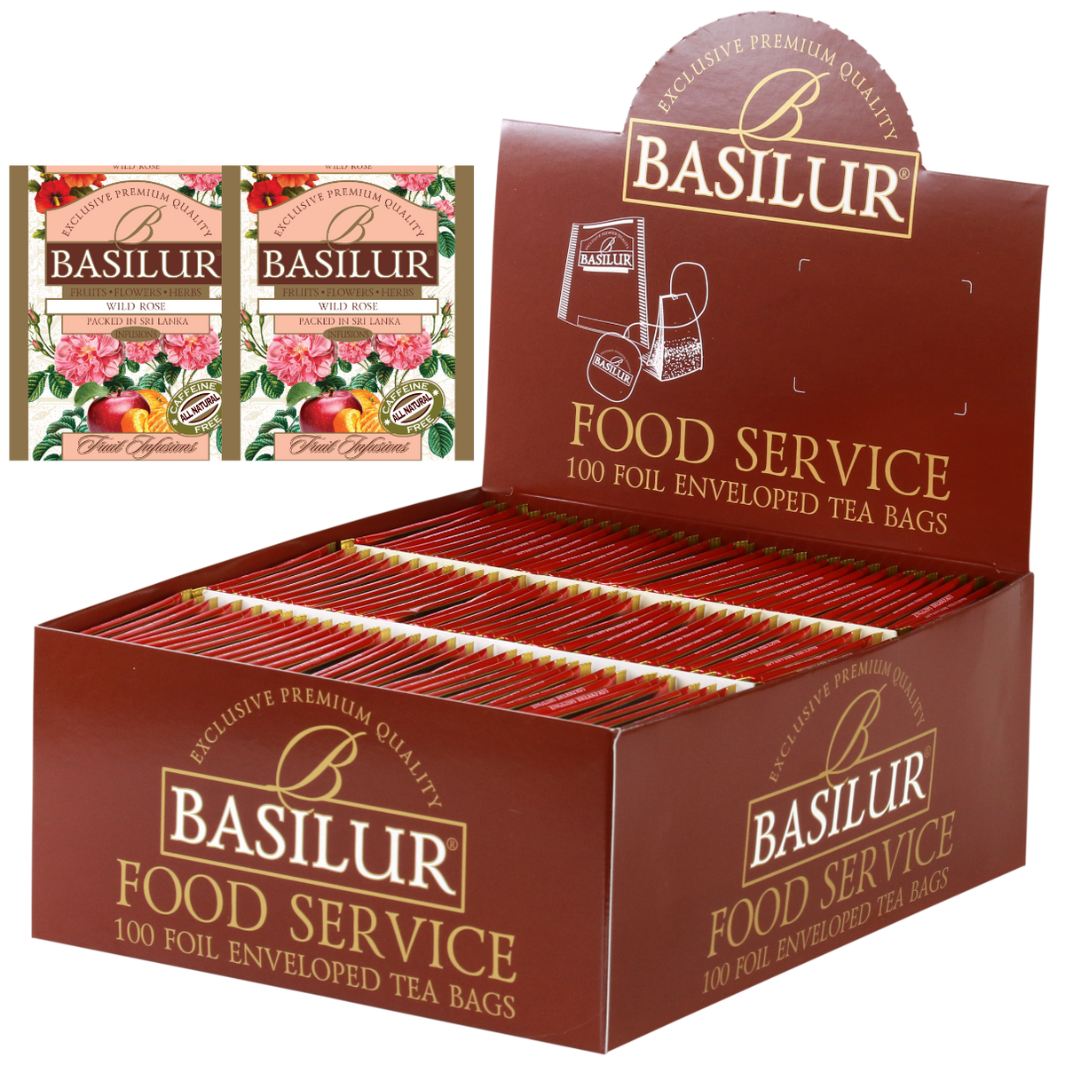 Herbata Basilur Wild Rose w ekspozytorze typu food service, 100 torebek w kopertach.