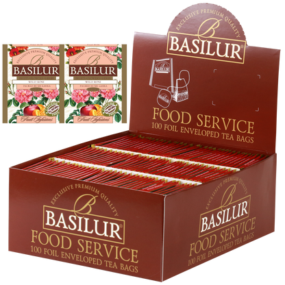 Herbata Basilur Wild Rose w ekspozytorze typu food service, 100 torebek w kopertach.