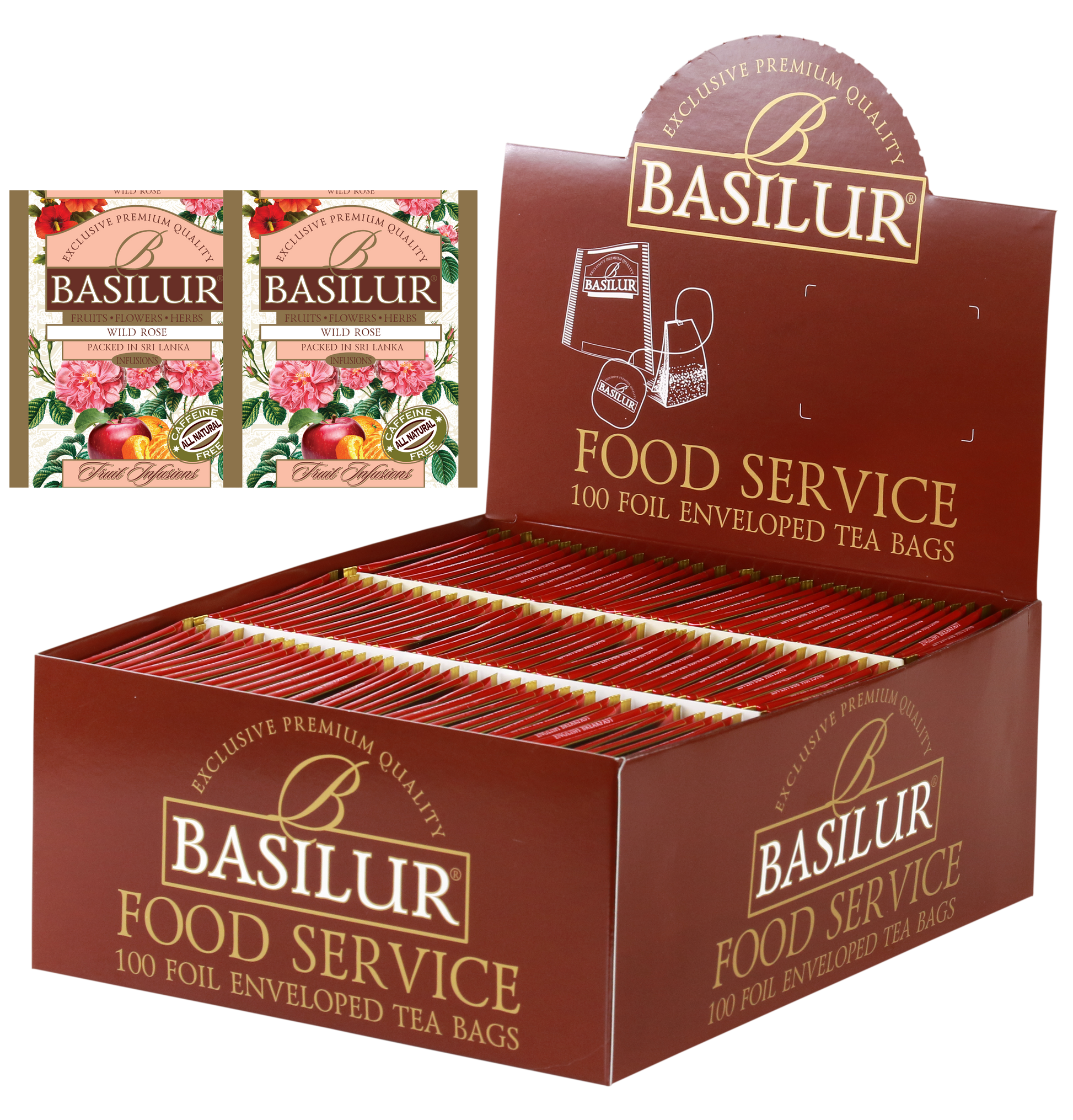 Herbata Basilur Wild Rose w ekspozytorze typu food service, 100 torebek w kopertach.