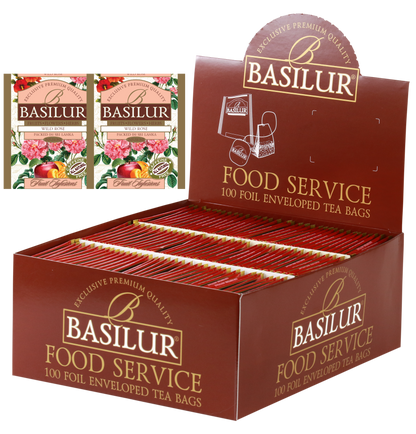 Herbata Basilur Wild Rose w ekspozytorze typu food service, 100 torebek w kopertach.