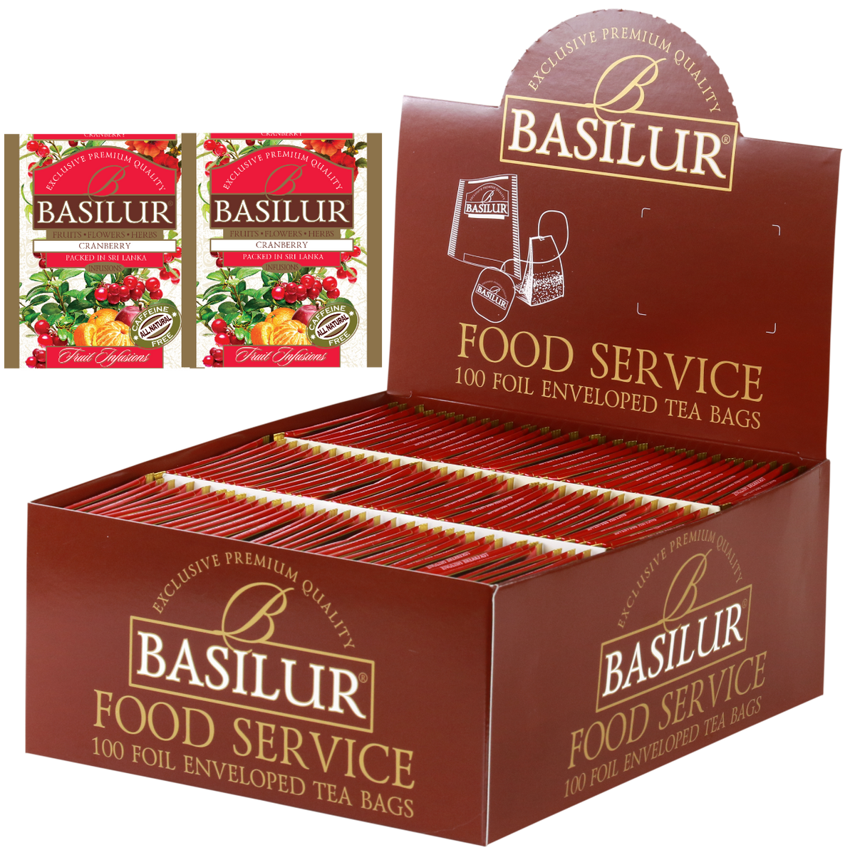 Herbata Basilur Cranberry w dużym opakowaniu typu food service, 100 torebek w kopertach.