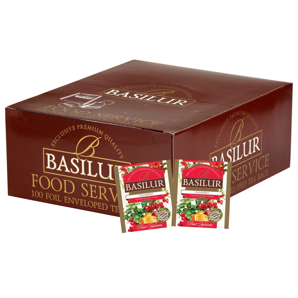 Opakowanie zbiorcze Basilur Cranberry z widocznymi saszetkami herbaty owocowej o smaku żurawiny.