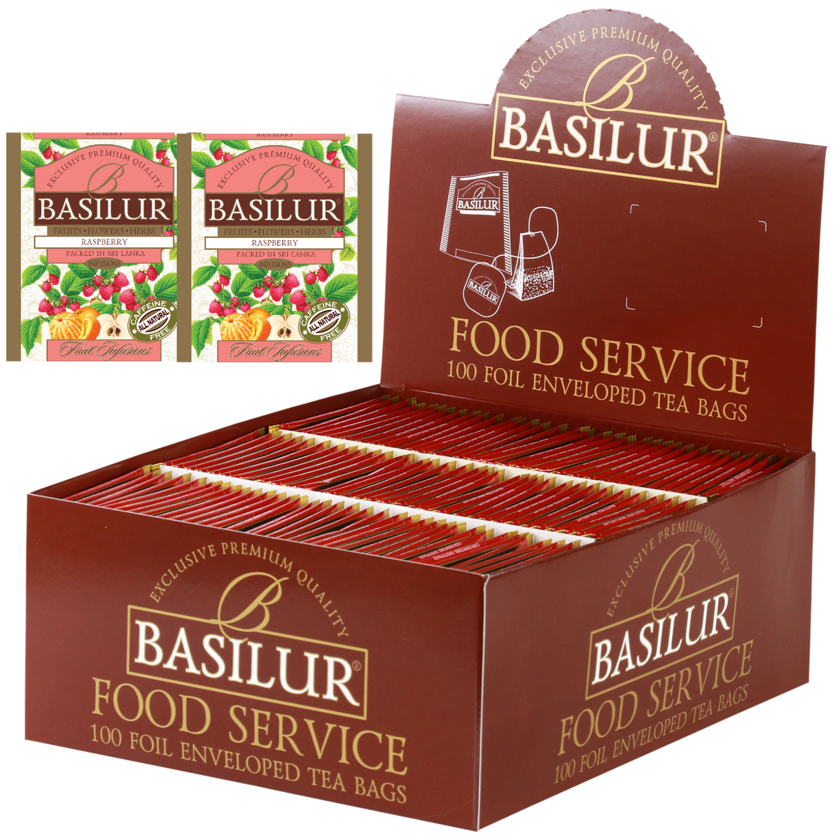 Herbata Basilur Raspberry w ekspozytorze typu food service, 100 torebek w kopertach.