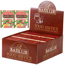 Herbata Basilur Raspberry w ekspozytorze typu food service, 100 torebek w kopertach.