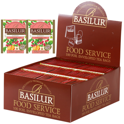 Herbata Basilur Raspberry w ekspozytorze typu food service, 100 torebek w kopertach.