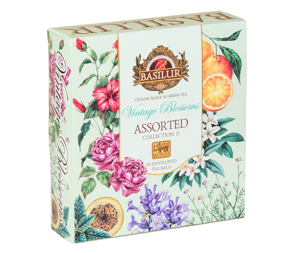 Opakowanie herbat Basilur Vintage Blossoms Collection II z kwiatami róży i cytrusów, 40 kopert.