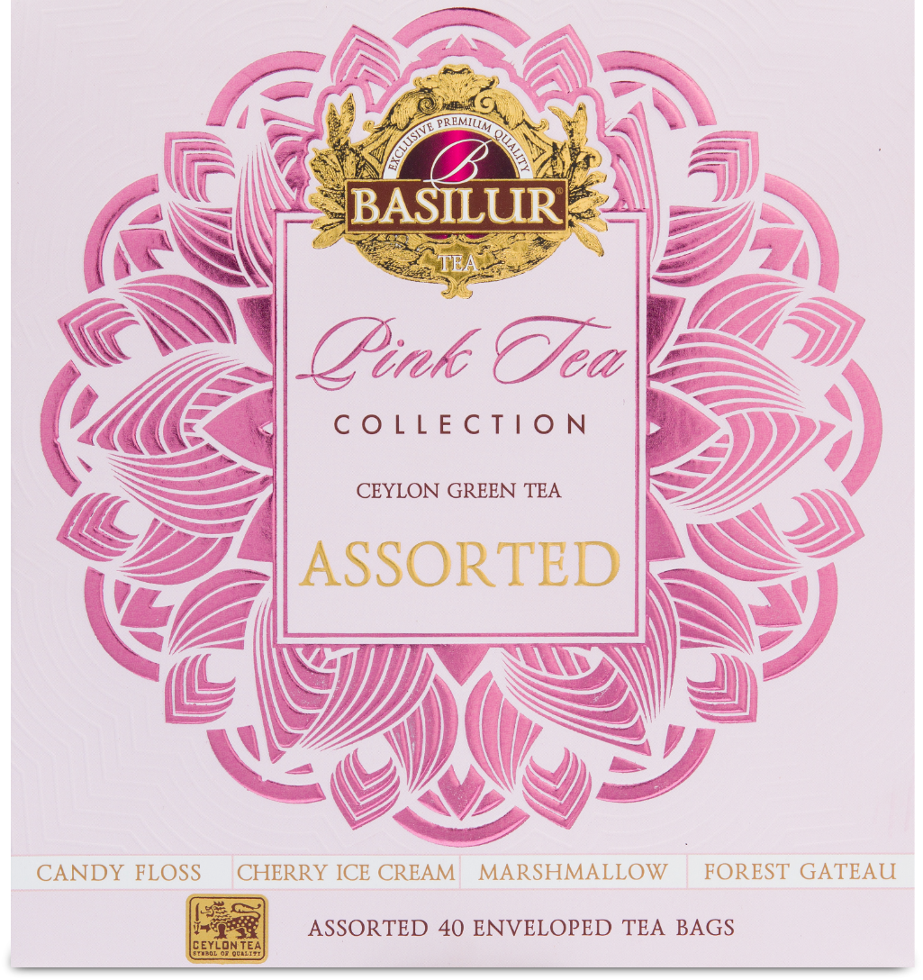 Zbliżenie na front pudełka Basilur Pink Tea Collection z logo i wzorem w odcieniach różu.