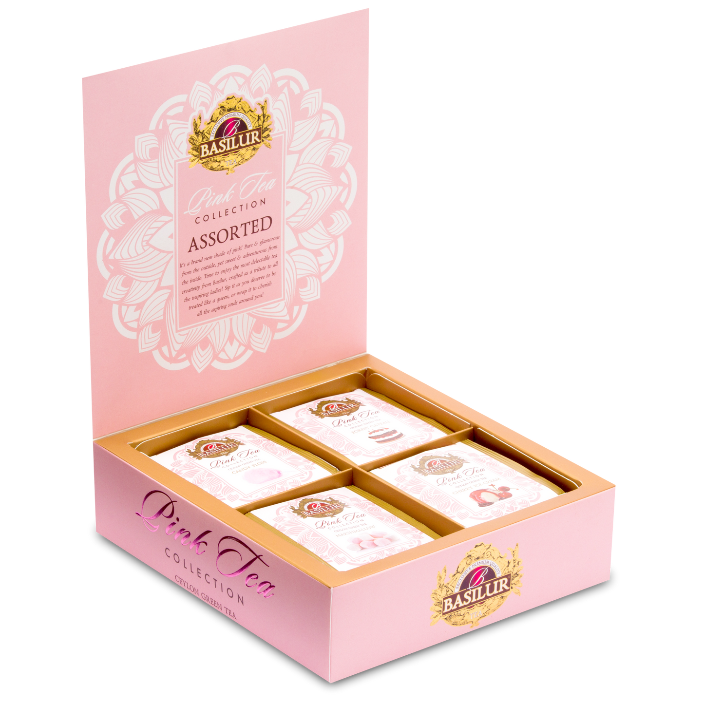 Zestaw herbat Basilur Pink Tea Collection w otwartym pudełku z widocznymi czterema smakami.