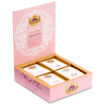 Zestaw herbat Basilur Pink Tea Collection w otwartym pudełku z widocznymi czterema smakami.