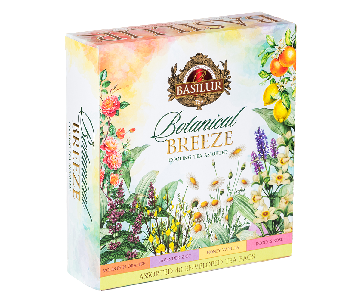 Pudełko herbat Basilur Botanical Breeze z motywem kwiatów i owoców, zestaw 40 kopert.
