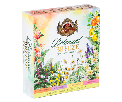 Pudełko herbat Basilur Botanical Breeze z motywem kwiatów i owoców, zestaw 40 kopert.
