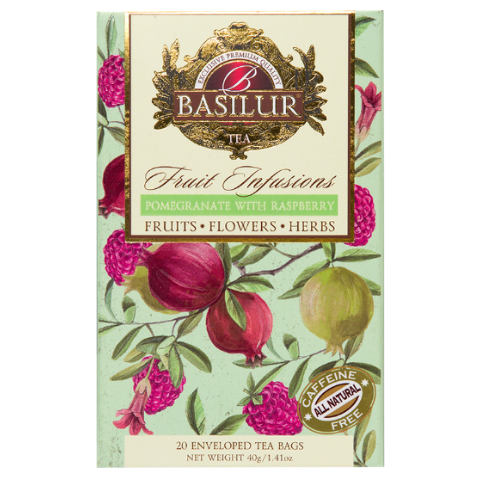 Opakowanie herbaty Basilur Pomegranate With Raspberry z owocami granatu i malin – naturalna herbata owocowa bez kofeiny.