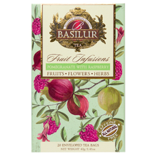 Opakowanie herbaty Basilur Pomegranate With Raspberry z owocami granatu i malin – naturalna herbata owocowa bez kofeiny.