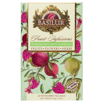 Opakowanie herbaty Basilur Pomegranate With Raspberry z owocami granatu i malin – naturalna herbata owocowa bez kofeiny.