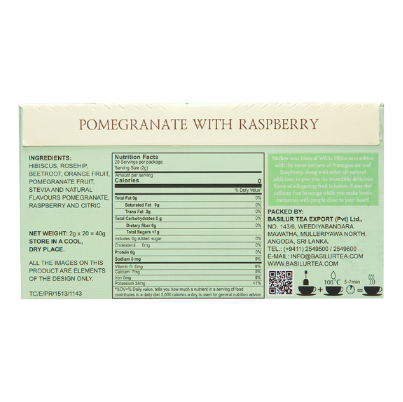 Skład i wartości odżywcze herbaty Basilur Pomegranate With Raspberry – napar z hibiskusa, róży i granatu.