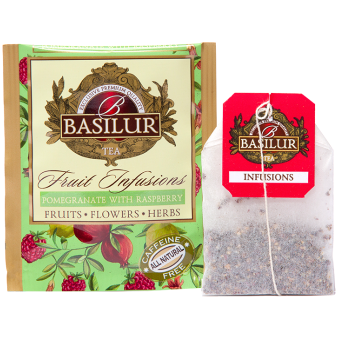 Saszetka i torebka herbaty Basilur Pomegranate With Raspberry – owocowy napar z maliną i granatem.