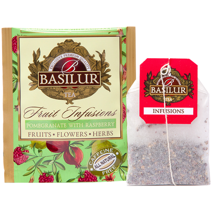 Saszetka i torebka herbaty Basilur Pomegranate With Raspberry – owocowy napar z maliną i granatem.