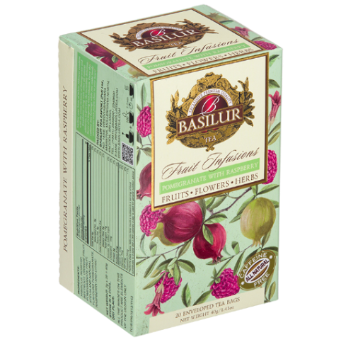 Bok opakowania Basilur Pomegranate With Raspberry – elegancka herbata z owoców i kwiatów.