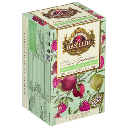 Bok opakowania Basilur Pomegranate With Raspberry – elegancka herbata z owoców i kwiatów.