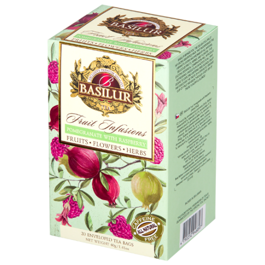 Front opakowania Basilur Pomegranate With Raspberry – aromatyczna herbata z maliną i granatem Basilur Fruit Infusions.