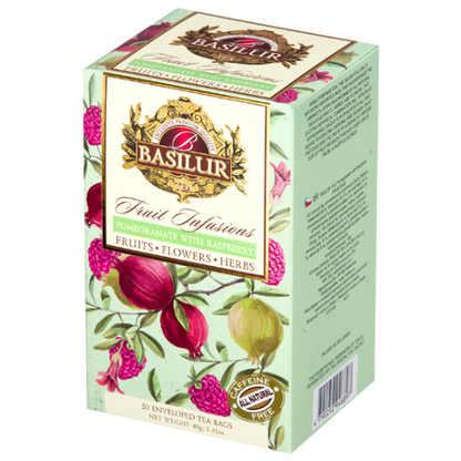 Front opakowania Basilur Pomegranate With Raspberry – aromatyczna herbata z maliną i granatem Basilur Fruit Infusions.