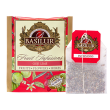 Saszetka i torebka herbaty Basilur Goji Lime – naturalna herbata owocowa z jagodami goji i limonką.