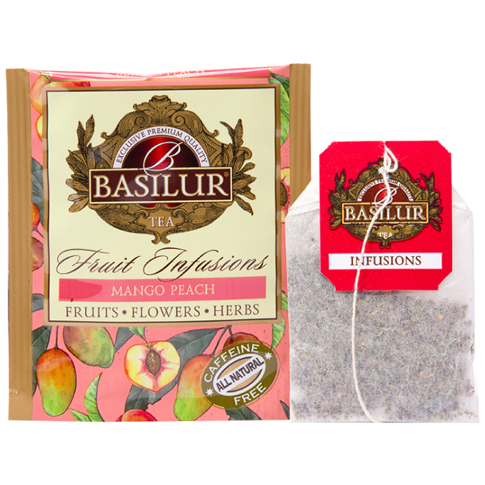 Saszetka i torebka herbaty Basilur Mango Peach – aromatyczna herbata z mango i brzoskwinią.