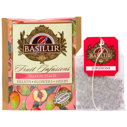 Saszetka i torebka herbaty Basilur Mango Peach – aromatyczna herbata z mango i brzoskwinią.